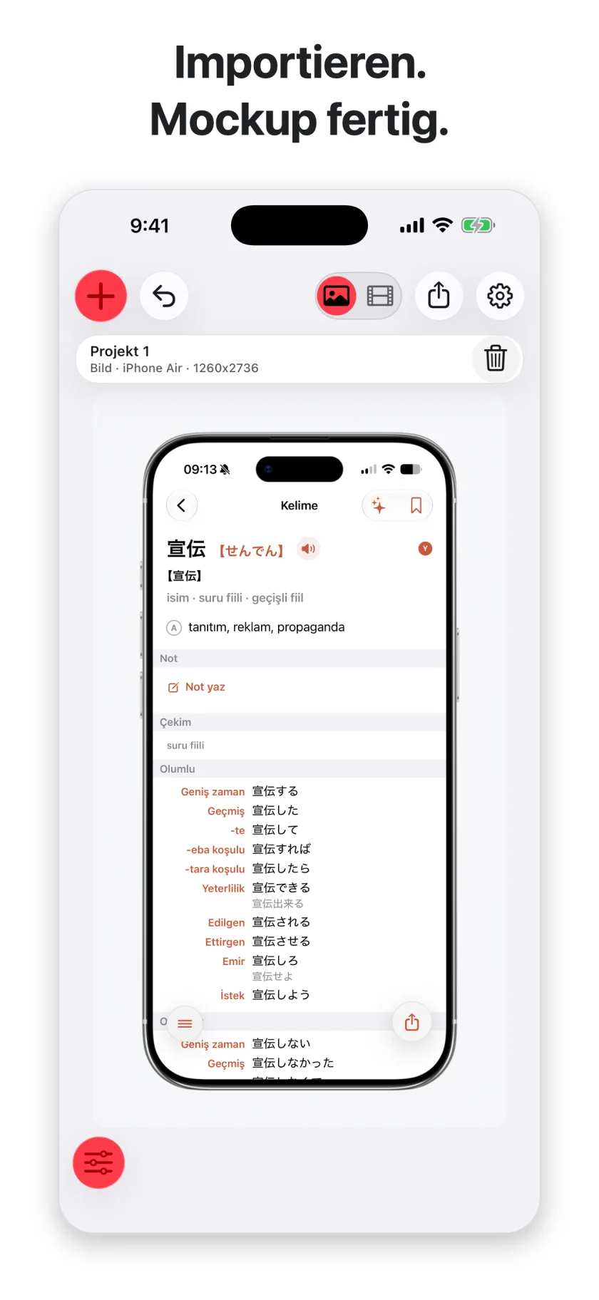 Appodium Screenshot: Importieren. Mockup fertig.